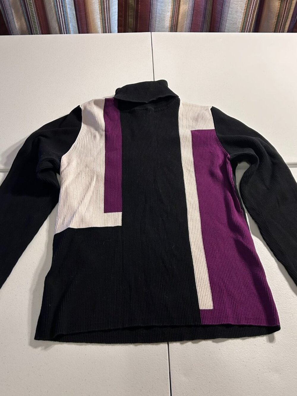 Style & Co. XL Color Block Ribbed Sweater Purple Black Cream